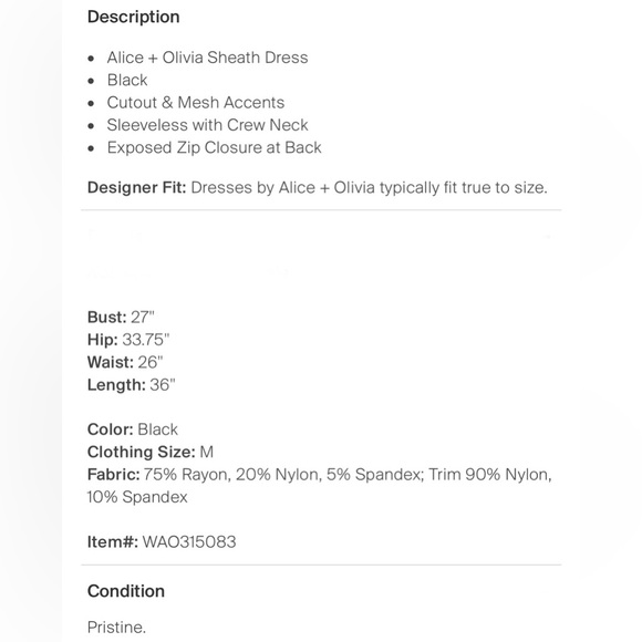 Alice + Olivia Sheath Black Dress Crewneck Cutout & Mesh Accents Size Medium - Picture 7 of 8